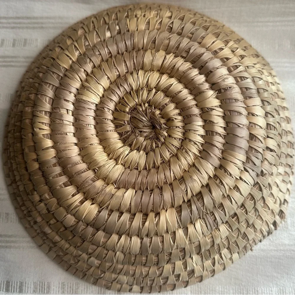 Vintage Bahamas Handwoven Straw Basket Bowl Boho Coastal Decor